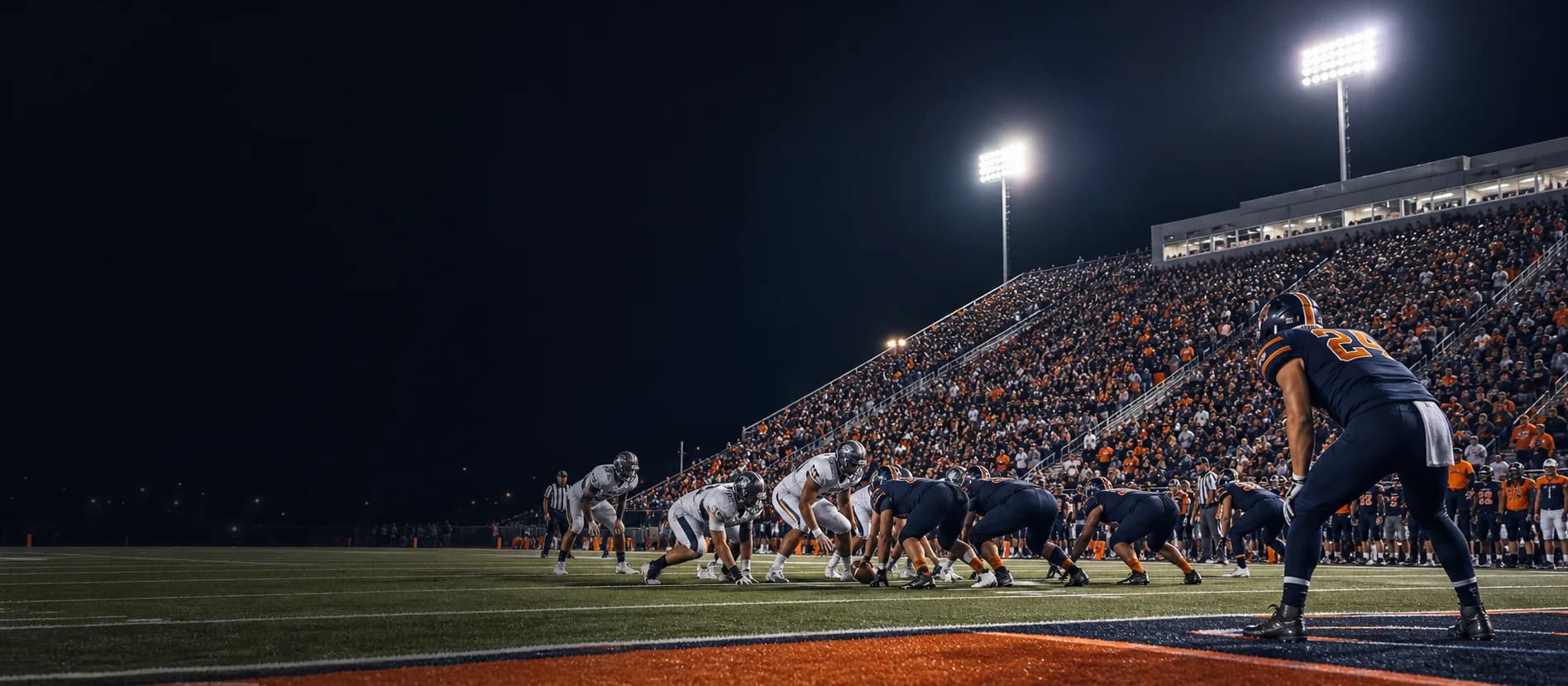 High school football players taking the field under stadium lights